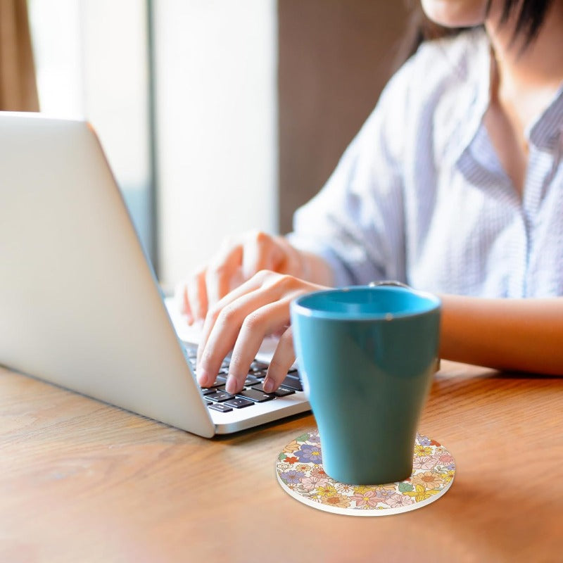 Coasters for Drinks Absorbent with HolderRetro 70s Floral Sets of 6 Durable Cup Coaster for Coffee Table Protection Great Housewarming Birthday Gifts Home Decor, Home Bar Accessories, Tabletop Protection, Retro Design, Vintage Aesthetic