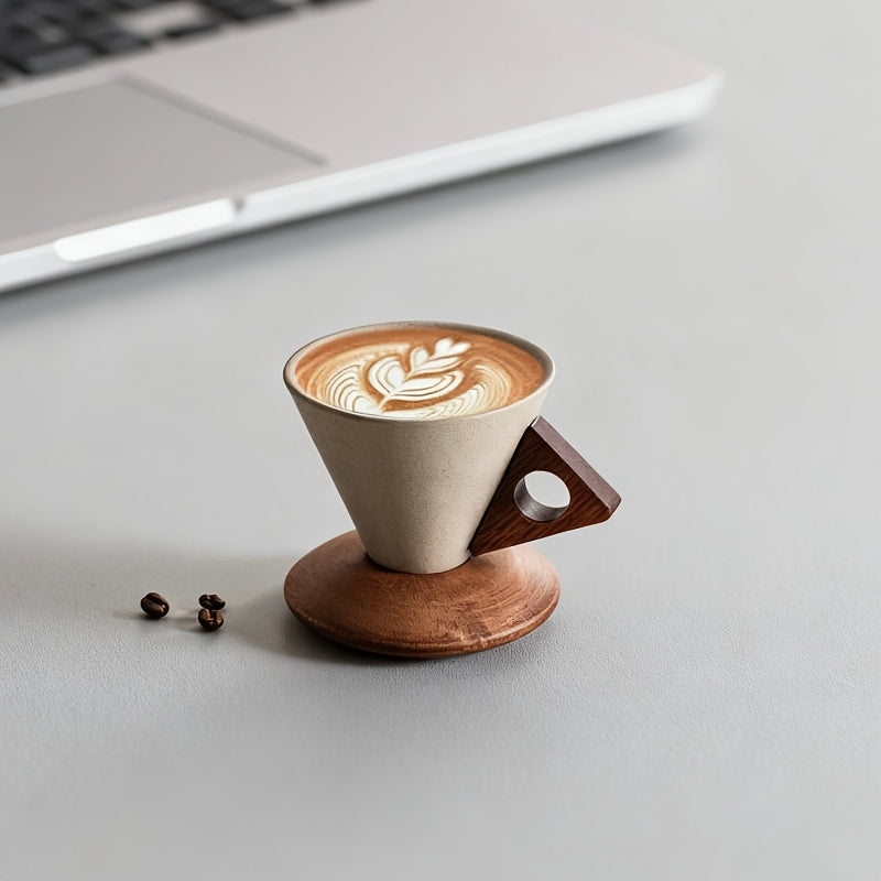 1 8.45oz Thick Ceramic Handmade Coffee Mug with Large Spout, Funnel Shape and Real Wood Handle and Wooden Coaster, Suitable for High-end Home Office Cafes, Can Be Used as a Gift
