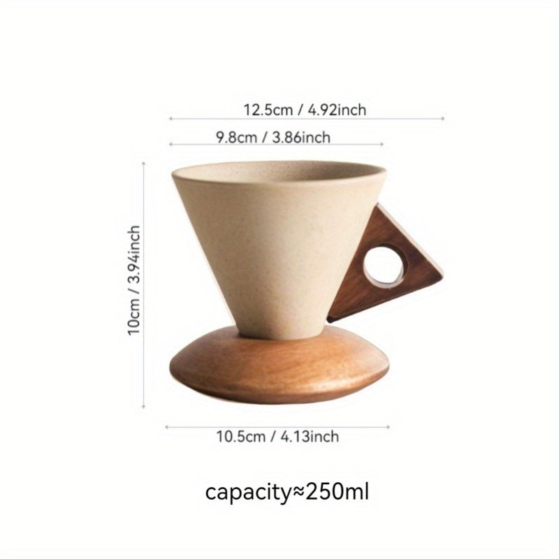 1 8.45oz Thick Ceramic Handmade Coffee Mug with Large Spout, Funnel Shape and Real Wood Handle and Wooden Coaster, Suitable for High-end Home Office Cafes, Can Be Used as a Gift