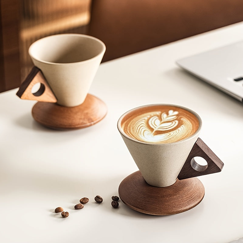1 8.45oz Thick Ceramic Handmade Coffee Mug with Large Spout, Funnel Shape and Real Wood Handle and Wooden Coaster, Suitable for High-end Home Office Cafes, Can Be Used as a Gift