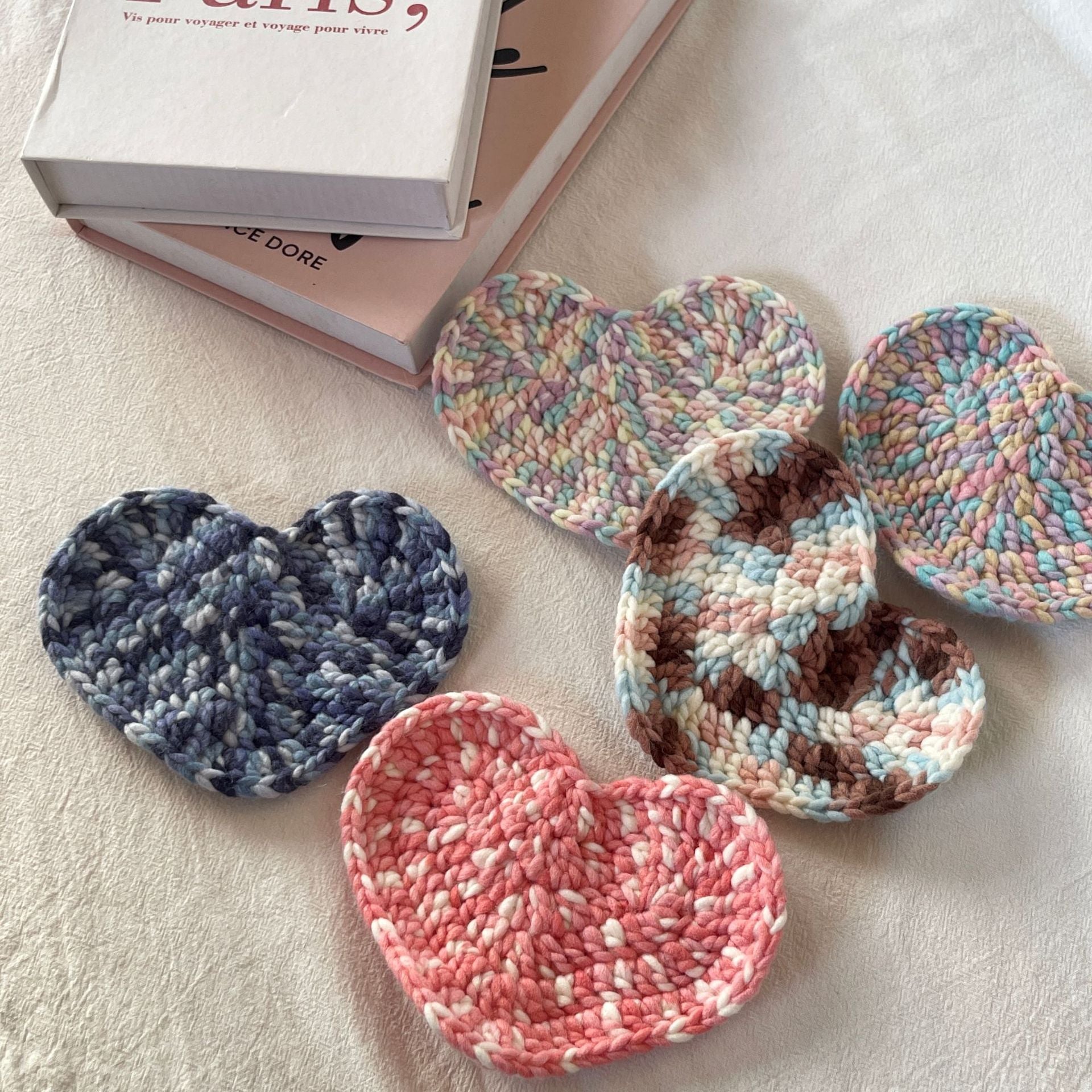 Handmade Crochet Heart Coasters - Thick Yarn Insulation Pads Suitable for Coffee, Table Protectors with, Decorative Tableware for, Cafes, Restaurants, Yarn Craft Coaster for Hot Drink Cups