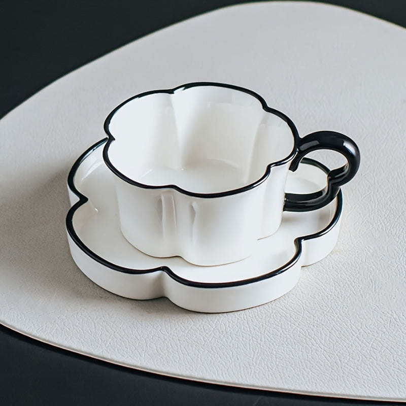 Nordic Minimalist Ceramic Coffee Cup & Saucer Set | Petal-Shaped, High-End, Exquisite | Ideal for Office & Home Afternoon Tea, Birthday Gift, Reusable, Hand Wash Only