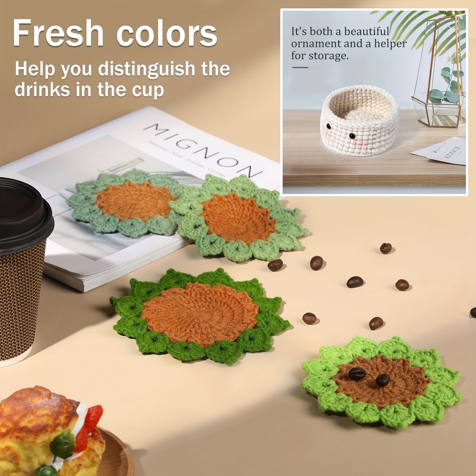 1pc (6pcs + 1 Plant Pot), Crochet Finished Flower Coaster, Decorative Thermal Insulation Mat, Coffee\u002F Beverage\u002F Water Cup Mat