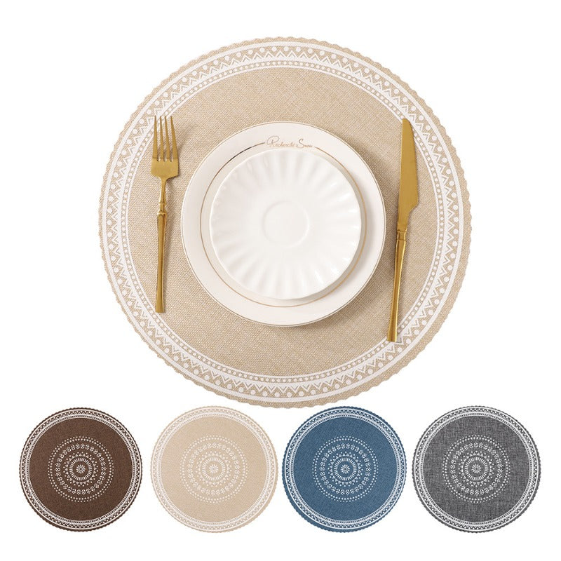New 5pcs Bohemian Style Faux Linen Printed Round Heat-Resistant Placemats And Coasters for Tea Cups And Tableware