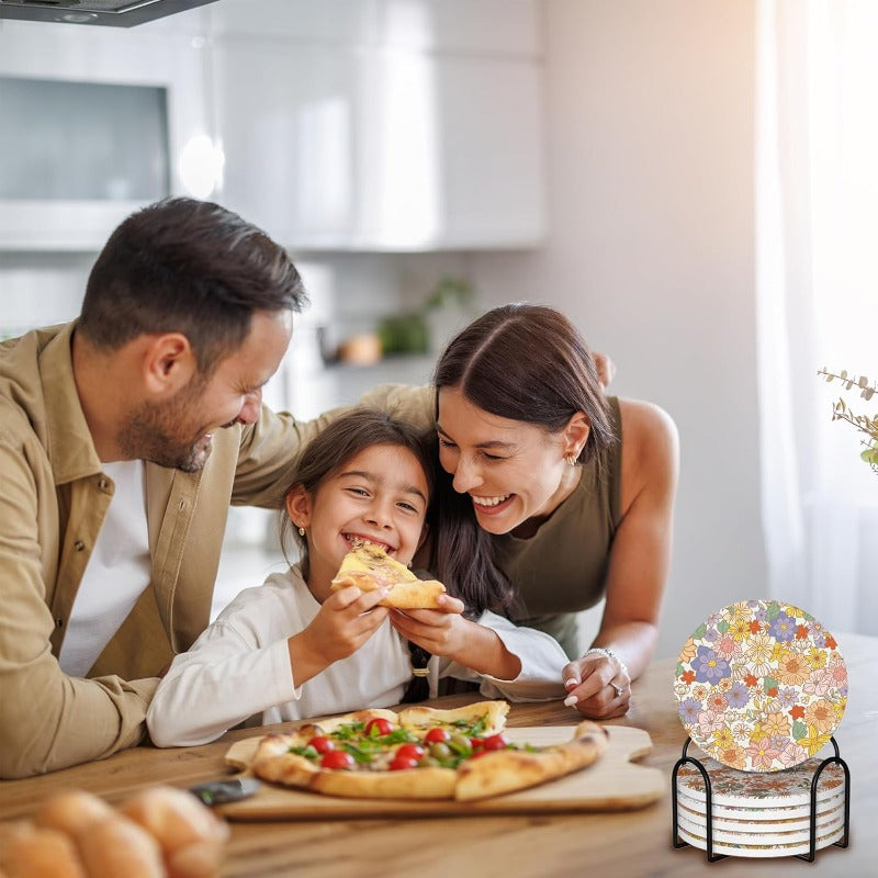 Coasters for Drinks Absorbent with HolderRetro 70s Floral Sets of 6 Durable Cup Coaster for Coffee Table Protection Great Housewarming Birthday Gifts Home Decor, Home Bar Accessories, Tabletop Protection, Retro Design, Vintage Aesthetic