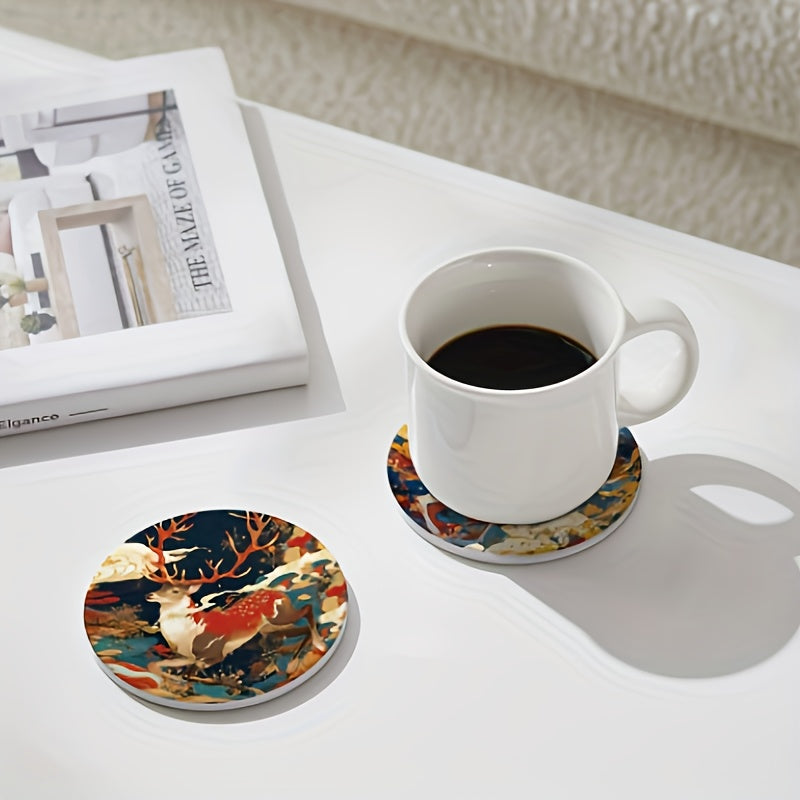 6pcs Elegant Deer & Foliage Ceramic Coaster Set with Stand - Heat-Resistant Round Table Protectors, 2D Flat Printed \u002FRed\u002FGolden\u002FBrown Coasters for Home Decor, Holiday Parties, Coffee Tables - Durable Surface Protection & Stylish Home