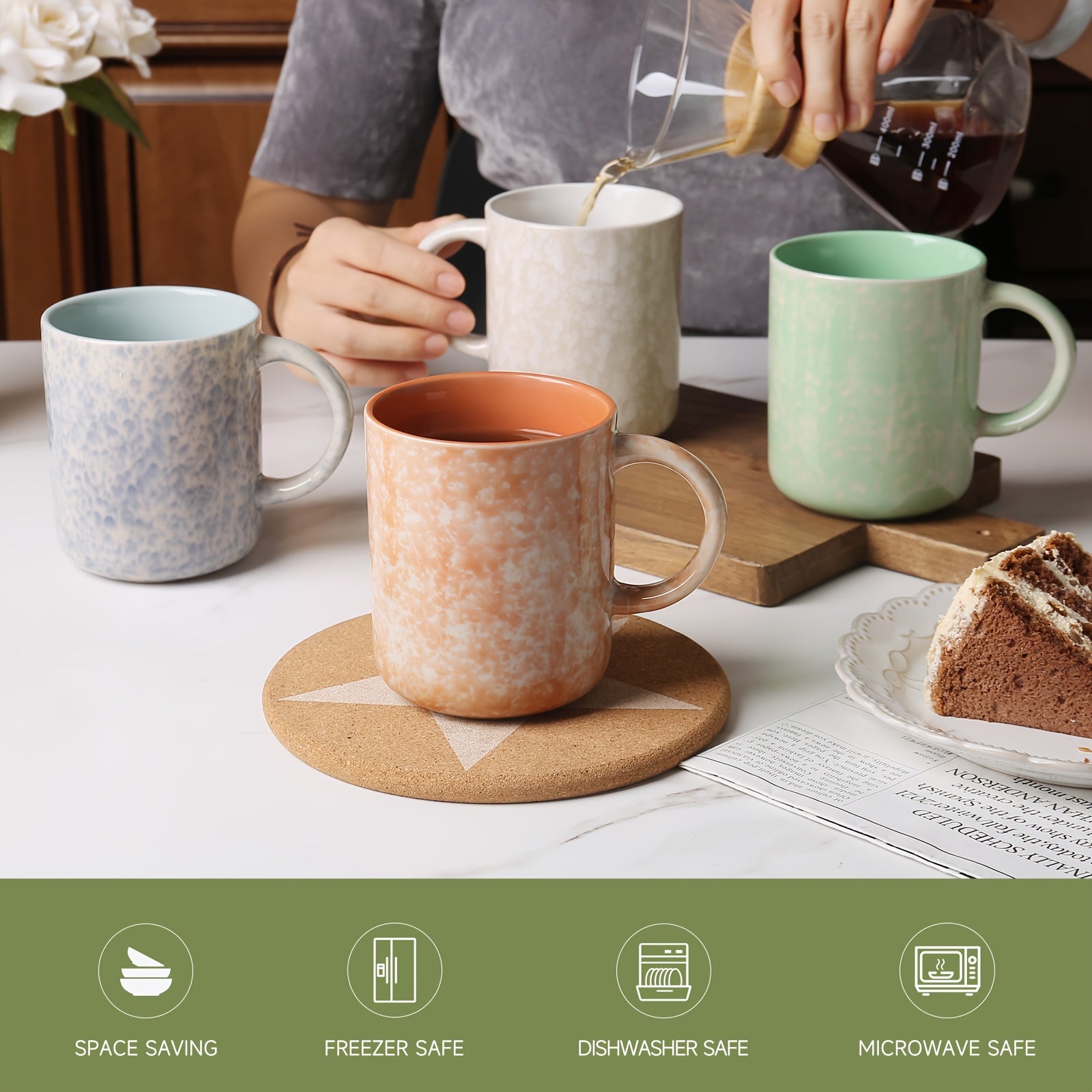 4pcs Set Of Colorful Snowflake Coffee Cups 17 Ounce Large Capacity Ceramic Coffee Cups And Teacups with Handles, Suitable for Coffee, Latte, Cappuccino, Tea, Juice, Perfect for Holiday Atmosphere, Suitable As Gifts for Family, Friends And Partners