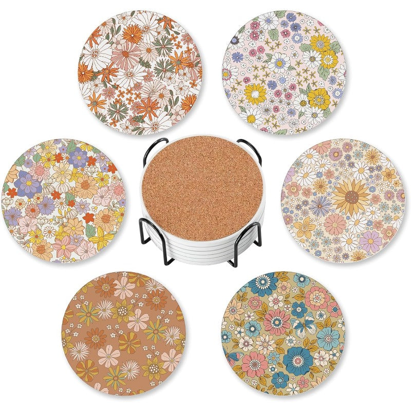 Coasters for Drinks Absorbent with HolderRetro 70s Floral Sets of 6 Durable Cup Coaster for Coffee Table Protection Great Housewarming Birthday Gifts Home Decor, Home Bar Accessories, Tabletop Protection, Retro Design, Vintage Aesthetic
