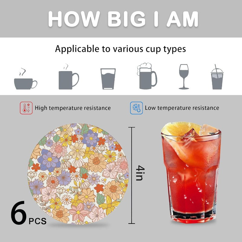 Coasters for Drinks Absorbent with HolderRetro 70s Floral Sets of 6 Durable Cup Coaster for Coffee Table Protection Great Housewarming Birthday Gifts Home Decor, Home Bar Accessories, Tabletop Protection, Retro Design, Vintage Aesthetic