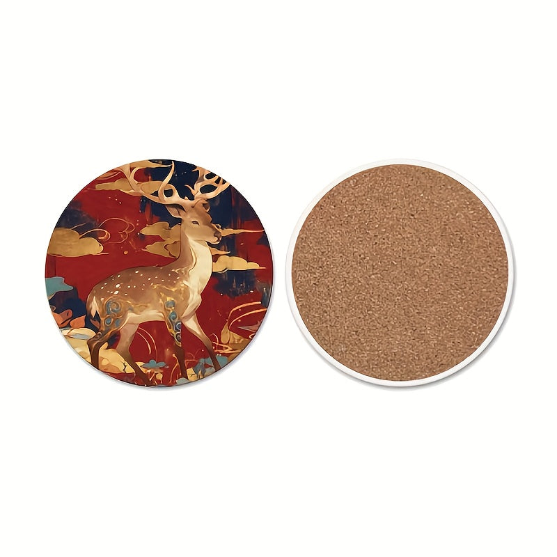 6pcs Elegant Deer & Foliage Ceramic Coaster Set with Stand - Heat-Resistant Round Table Protectors, 2D Flat Printed \u002FRed\u002FGolden\u002FBrown Coasters for Home Decor, Holiday Parties, Coffee Tables - Durable Surface Protection & Stylish Home