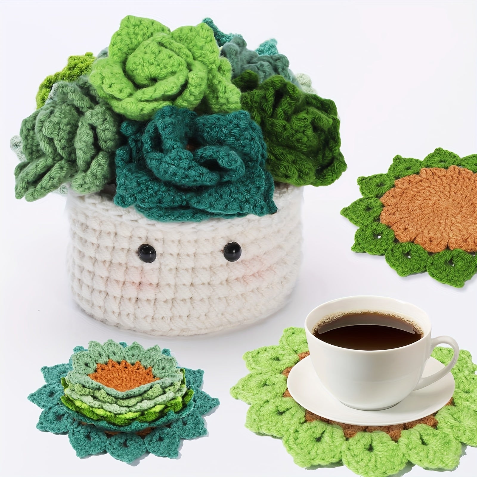 1pc (6pcs + 1 Plant Pot), Crochet Finished Flower Coaster, Decorative Thermal Insulation Mat, Coffee\u002F Beverage\u002F Water Cup Mat