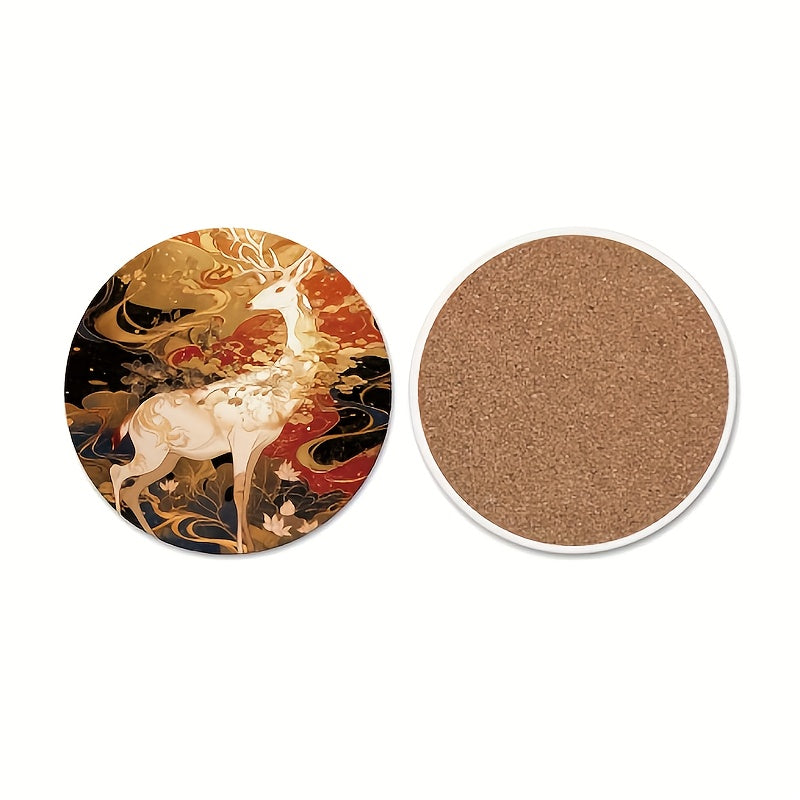 6pcs Elegant Deer & Foliage Ceramic Coaster Set with Stand - Heat-Resistant Round Table Protectors, 2D Flat Printed \u002FRed\u002FGolden\u002FBrown Coasters for Home Decor, Holiday Parties, Coffee Tables - Durable Surface Protection & Stylish Home