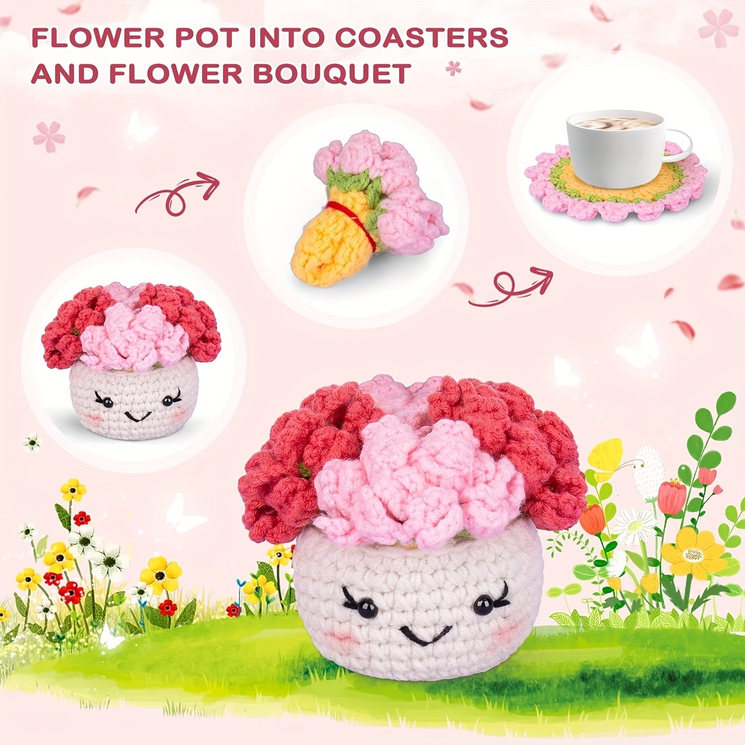 1pc (6pcs + 1 Plant Pot), Crochet Finished Flower Coaster, Decorative Thermal Insulation Mat, Coffee\u002F Beverage\u002F Water Cup Mat