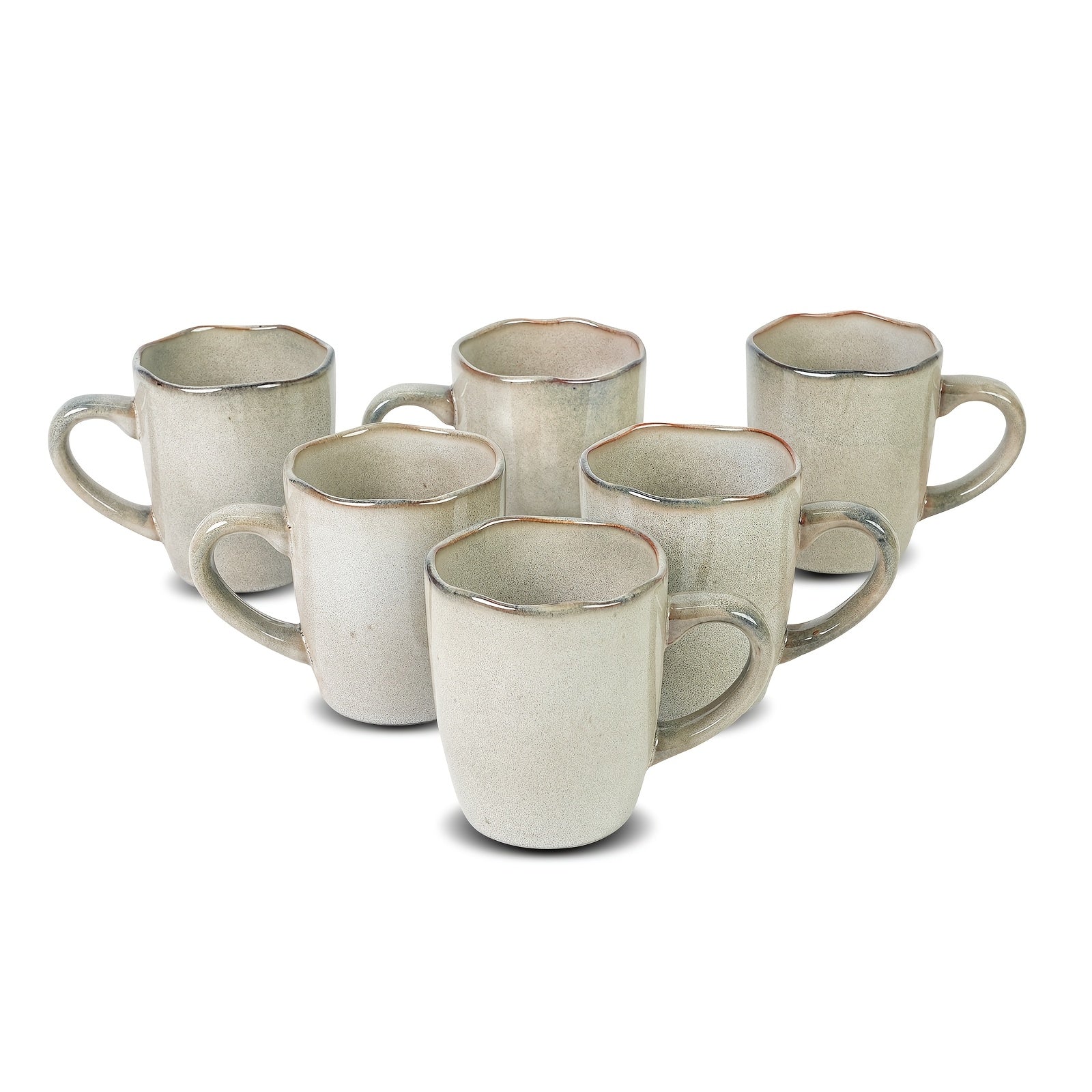 6pcs Handmade Reactive Glaze Stoneware Ceramic Mug Set - Organic Wavy Edge Coffee Cups, Microwave & Dishwasher Safe, Scratch-Resistant, 12oz Mugs Suitable for Kitchen, Office, Holiday Gifts (Christmas, Easter,) - Multi-
