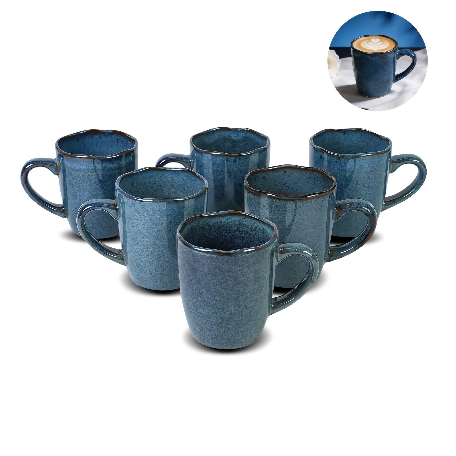 6pcs Handmade Reactive Glaze Stoneware Ceramic Mug Set - Organic Wavy Edge Coffee Cups, Microwave & Dishwasher Safe, Scratch-Resistant, 12oz Mugs Suitable for Kitchen, Office, Holiday Gifts (Christmas, Easter,) - Multi-