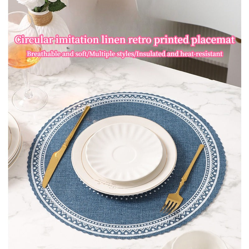 New 5pcs Bohemian Style Faux Linen Printed Round Heat-Resistant Placemats And Coasters for Tea Cups And Tableware