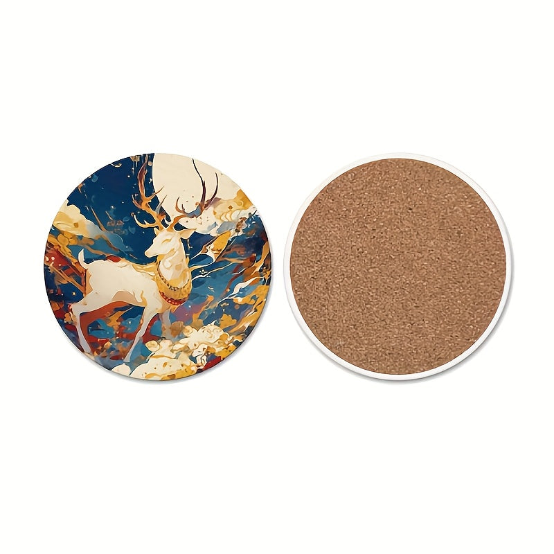 6pcs Elegant Deer & Foliage Ceramic Coaster Set with Stand - Heat-Resistant Round Table Protectors, 2D Flat Printed \u002FRed\u002FGolden\u002FBrown Coasters for Home Decor, Holiday Parties, Coffee Tables - Durable Surface Protection & Stylish Home