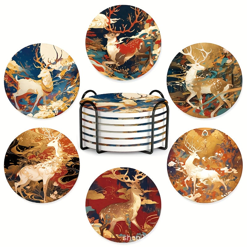 6pcs Elegant Deer & Foliage Ceramic Coaster Set with Stand - Heat-Resistant Round Table Protectors, 2D Flat Printed \u002FRed\u002FGolden\u002FBrown Coasters for Home Decor, Holiday Parties, Coffee Tables - Durable Surface Protection & Stylish Home