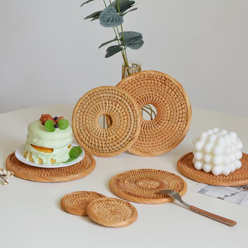 1 Natural Fiber Rattan Coaster And Dish Desktop Storage Design, Suitable Dining Room And Kitchen Use Home And Tea Ceremony Accessories