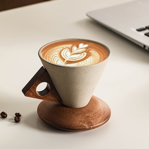 1 8.45oz Thick Ceramic Handmade Coffee Mug with Large Spout, Funnel Shape and Real Wood Handle and Wooden Coaster, Suitable for High-end Home Office Cafes, Can Be Used as a Gift
