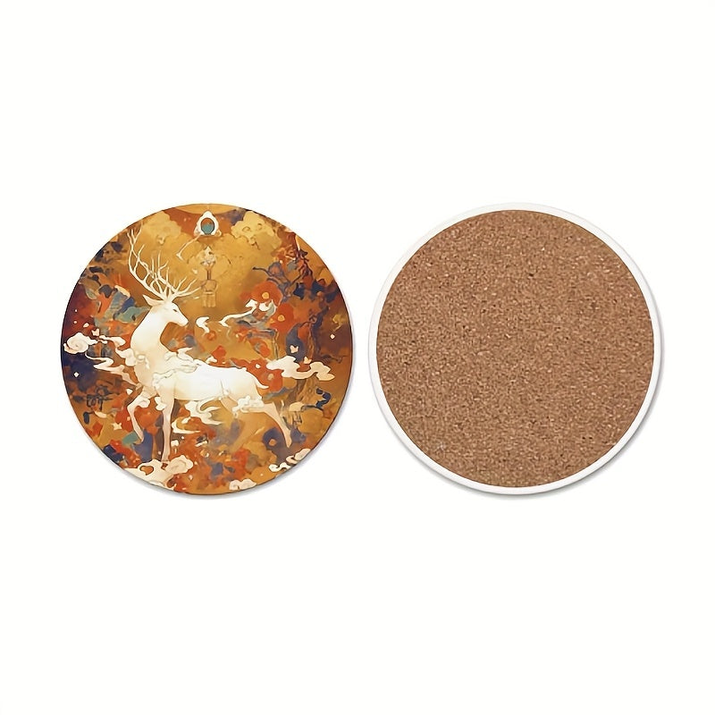 6pcs Elegant Deer & Foliage Ceramic Coaster Set with Stand - Heat-Resistant Round Table Protectors, 2D Flat Printed \u002FRed\u002FGolden\u002FBrown Coasters for Home Decor, Holiday Parties, Coffee Tables - Durable Surface Protection & Stylish Home