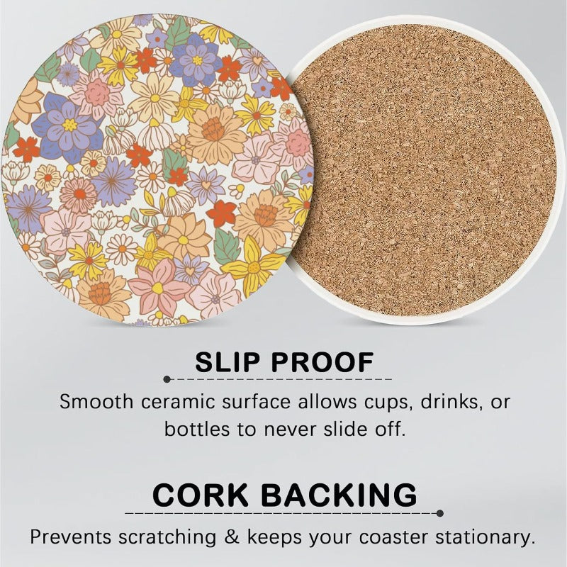 Coasters for Drinks Absorbent with HolderRetro 70s Floral Sets of 6 Durable Cup Coaster for Coffee Table Protection Great Housewarming Birthday Gifts Home Decor, Home Bar Accessories, Tabletop Protection, Retro Design, Vintage Aesthetic