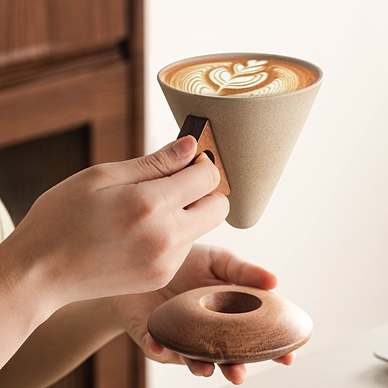 1 8.45oz Thick Ceramic Handmade Coffee Mug with Large Spout, Funnel Shape and Real Wood Handle and Wooden Coaster, Suitable for High-end Home Office Cafes, Can Be Used as a Gift