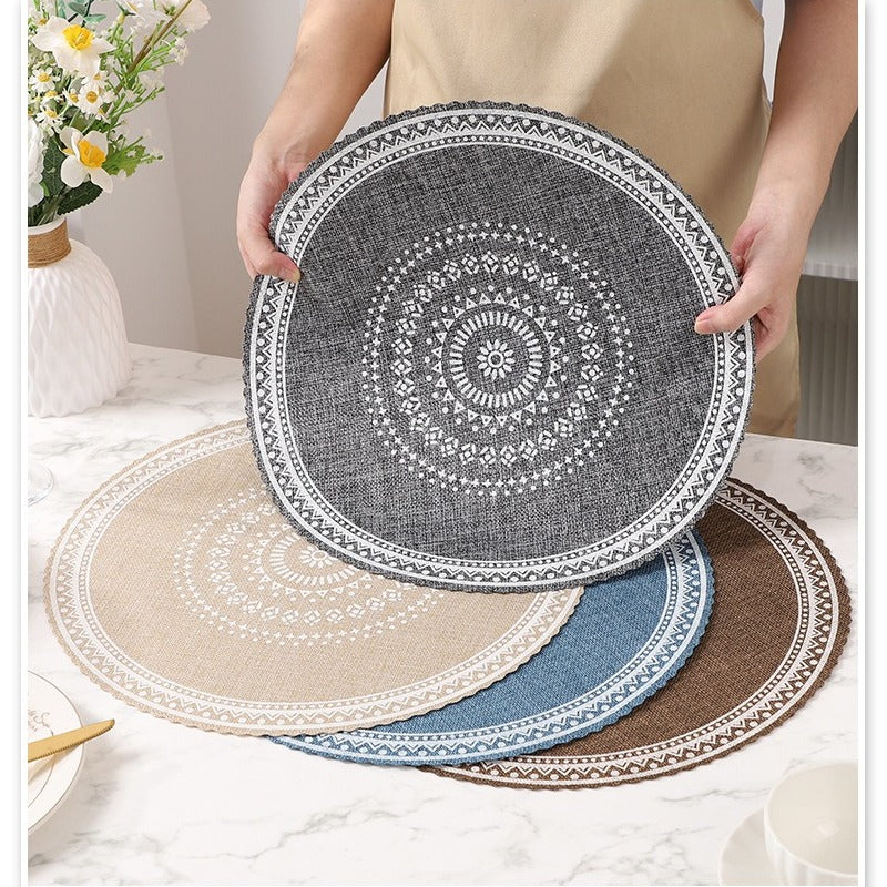 New 5pcs Bohemian Style Faux Linen Printed Round Heat-Resistant Placemats And Coasters for Tea Cups And Tableware