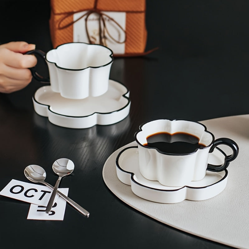 Nordic Minimalist Ceramic Coffee Cup & Saucer Set | Petal-Shaped, High-End, Exquisite | Ideal for Office & Home Afternoon Tea, Birthday Gift, Reusable, Hand Wash Only